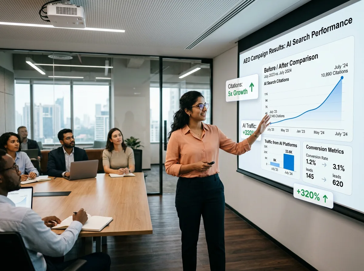 AEO campaign results showing increased brand citations and organic growth metrics