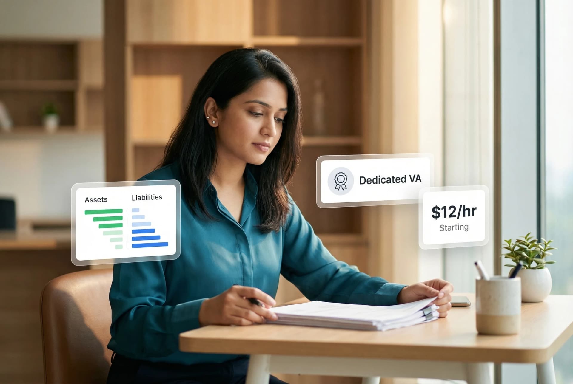 Accounting virtual assistant working with QuickBooks, managing invoices, expense reports, and financial statements on dual monitors