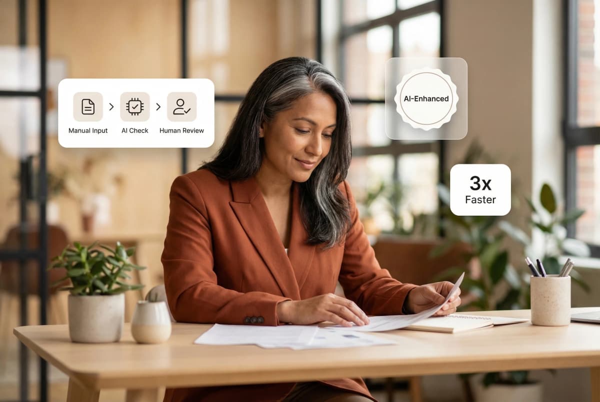 AI-powered workflow dashboard showing automated quality checks, document processing, and task routing across outsourced team operations