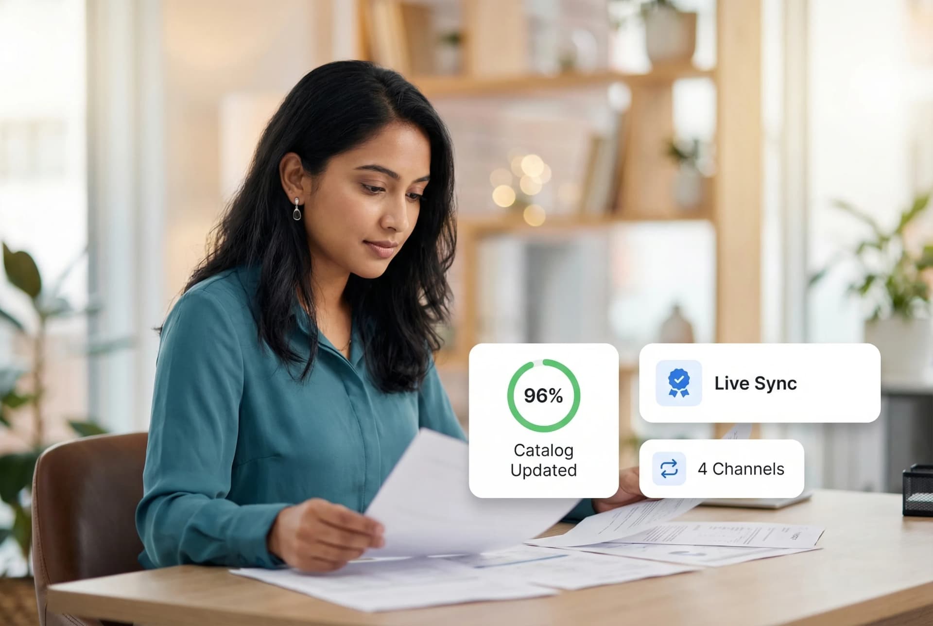 E-commerce catalog management dashboard showing price updates, stock level changes, and product data corrections across multiple channels