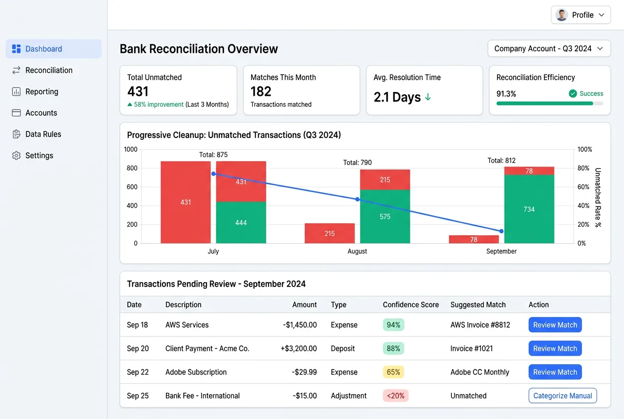 Multi-month bank reconciliation showing progressive cleanup of unmatched transactions