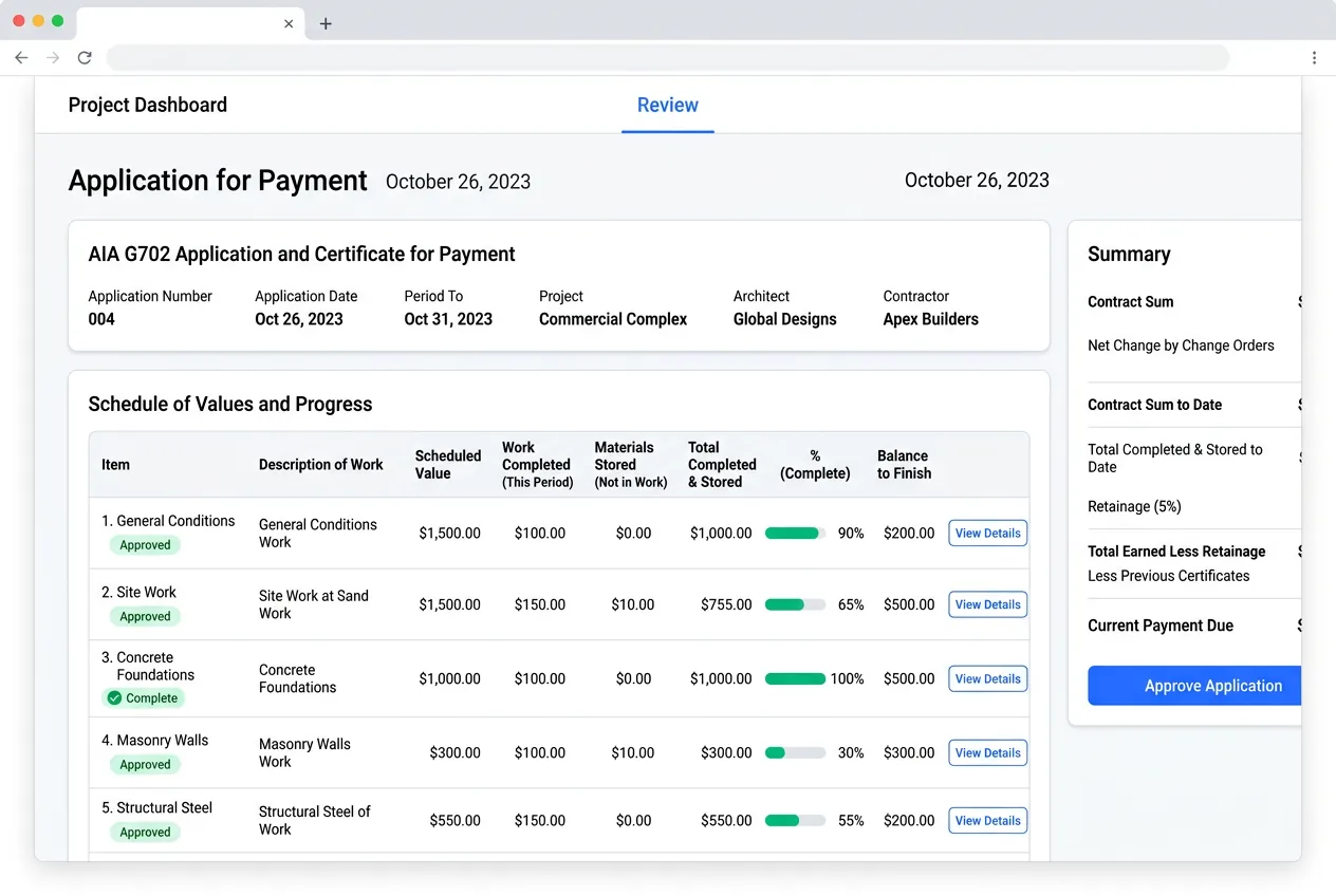 AIA G702 Application and Certificate for Payment with schedule of values and completion percentages