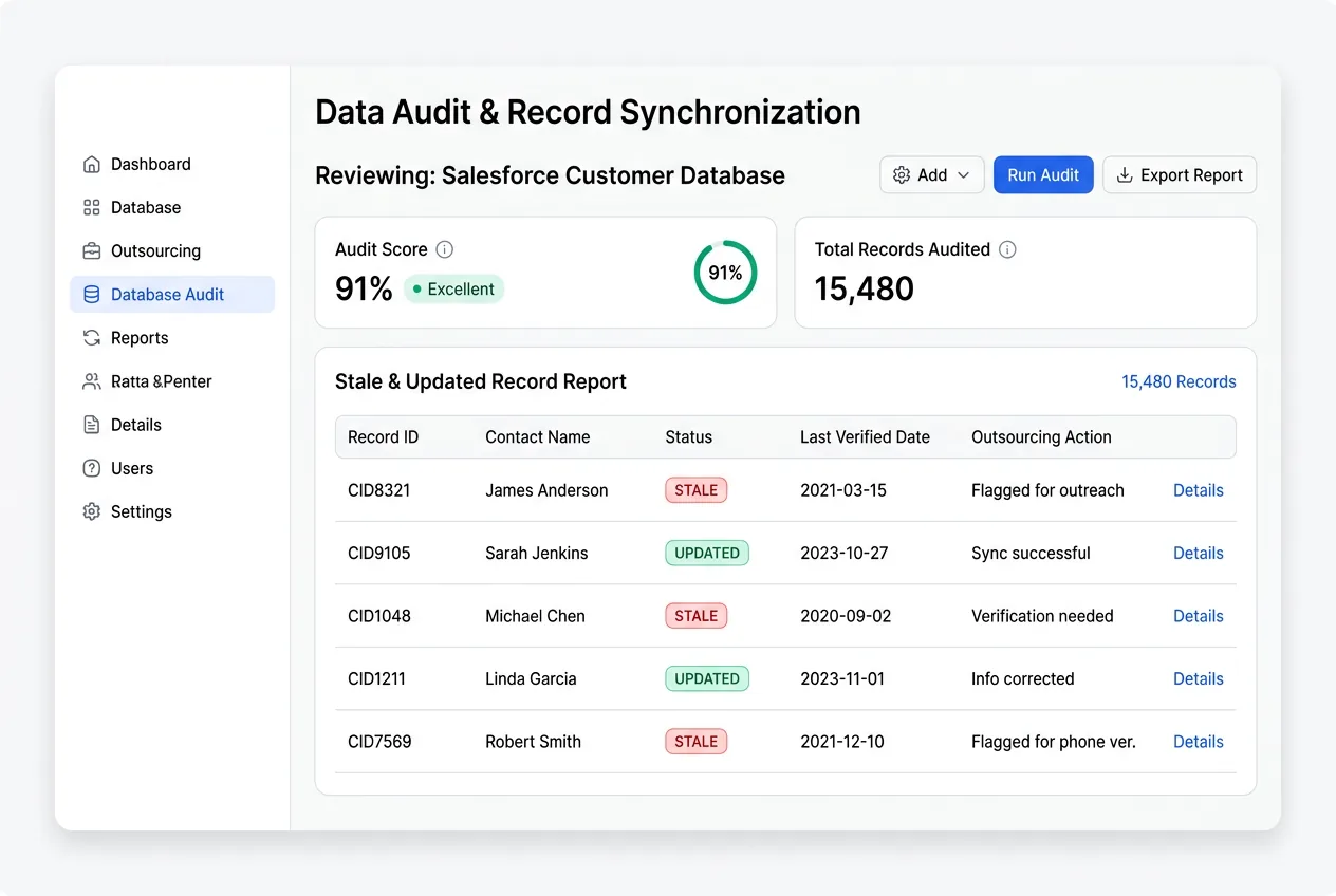 Database audit showing stale records flagged with last-verified dates and updated records with current information