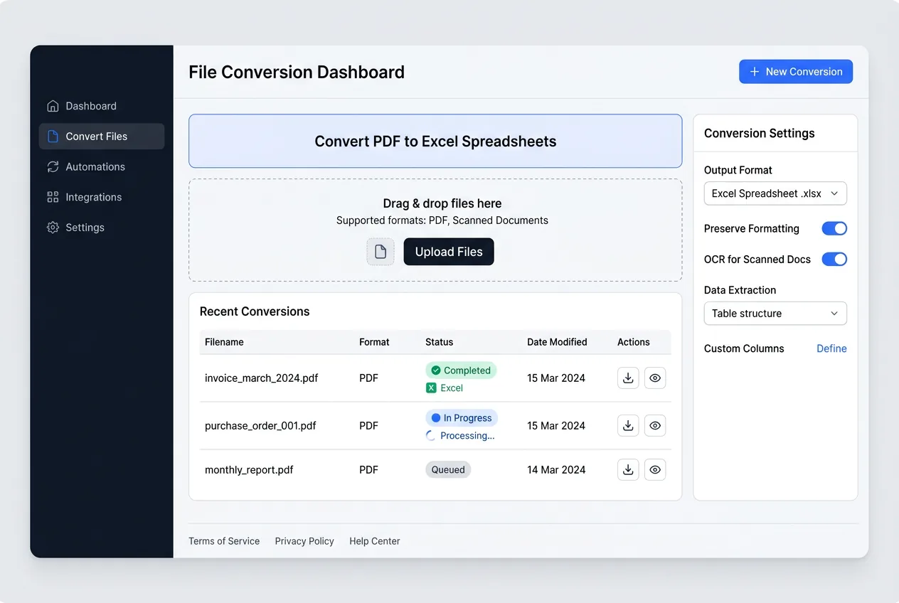 File conversion interface showing PDF documents being transformed into structured Excel spreadsheets with preserved formatting