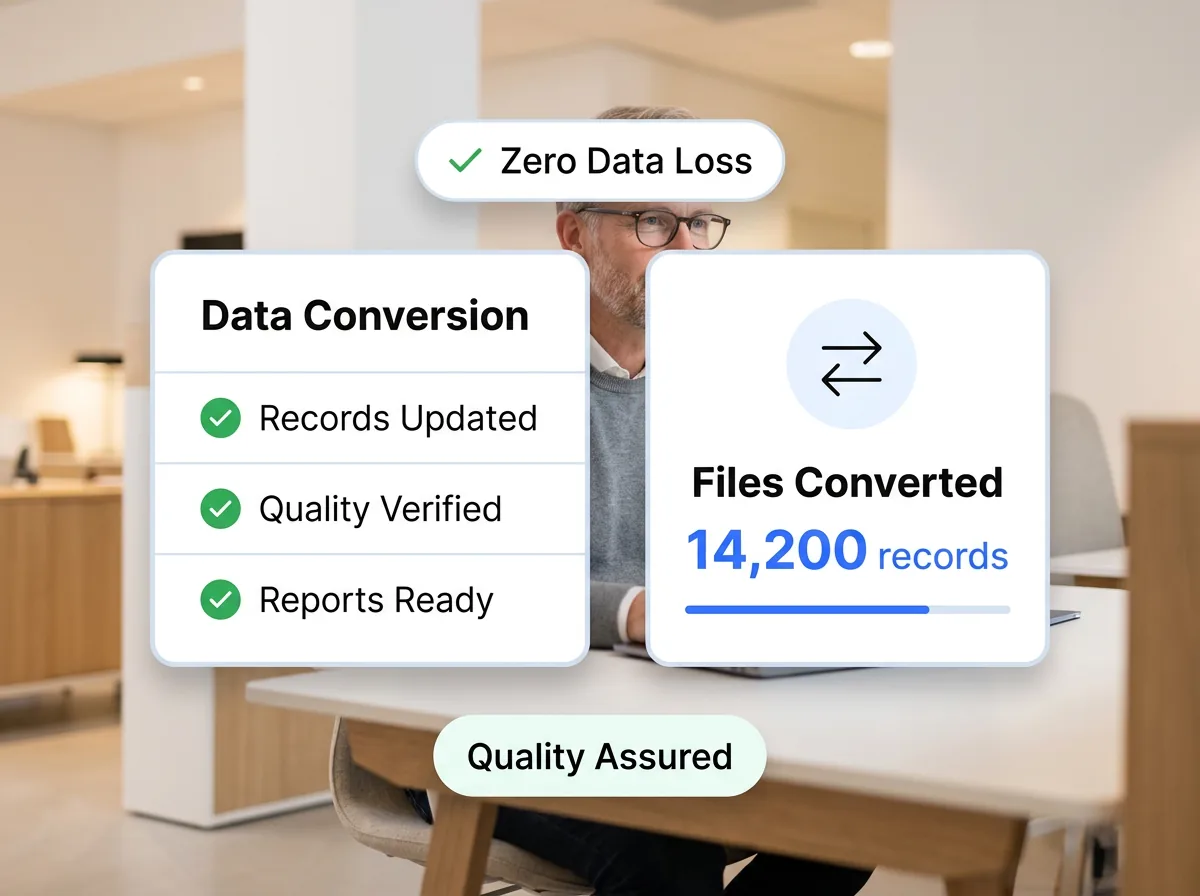 Data conversion workflow showing files being transformed between PDF, Excel, XML, JSON, and database formats with accuracy indicators
