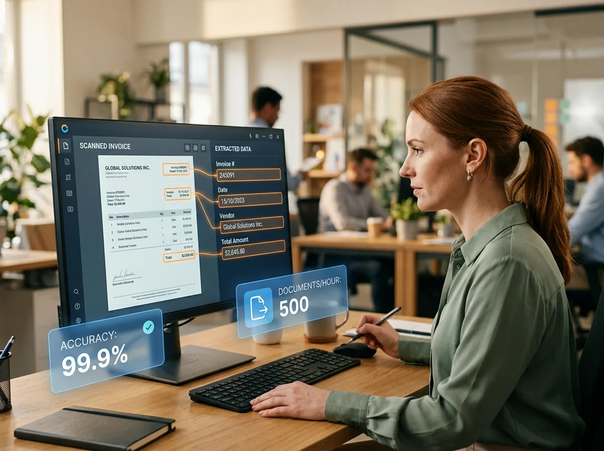 Automated data entry pipeline showing OCR extraction and validation workflow