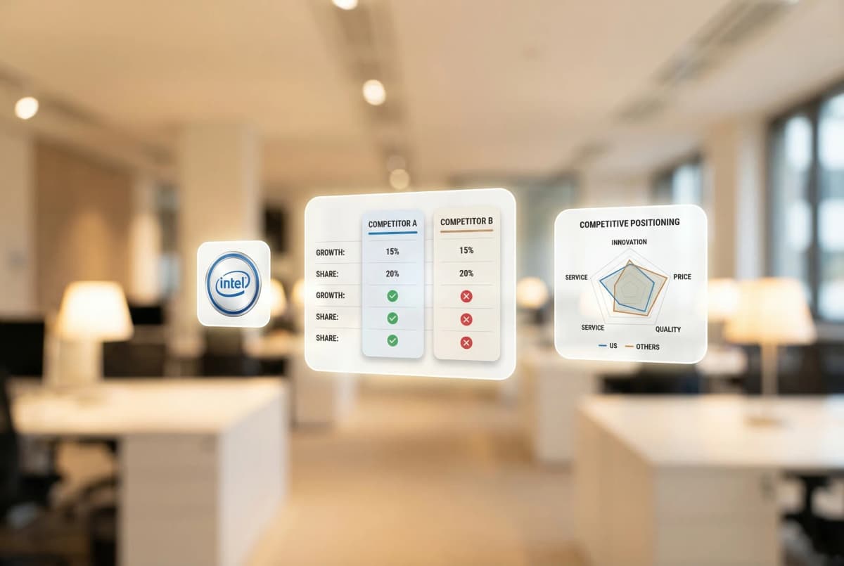 Competitive intelligence dashboard showing competitor pricing, product launches, hiring trends, and market positioning data