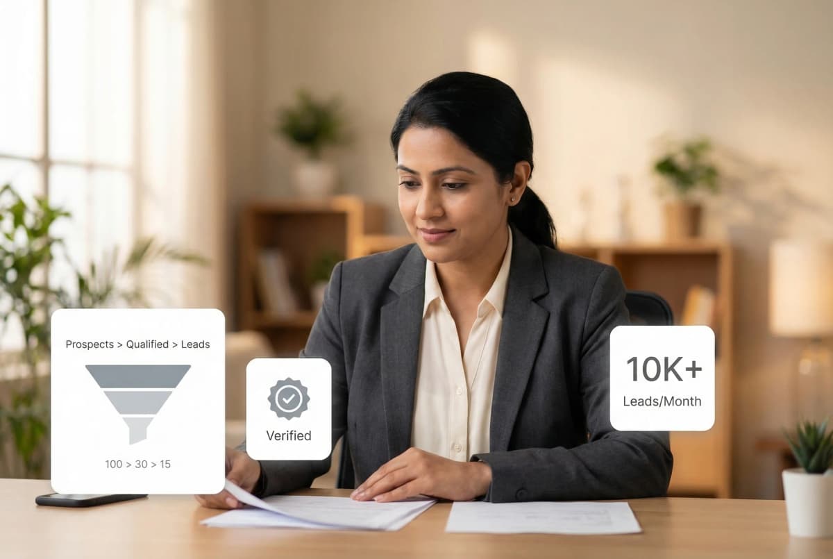 Lead generation pipeline showing prospects being mined from multiple sources with firmographic enrichment and contact verification