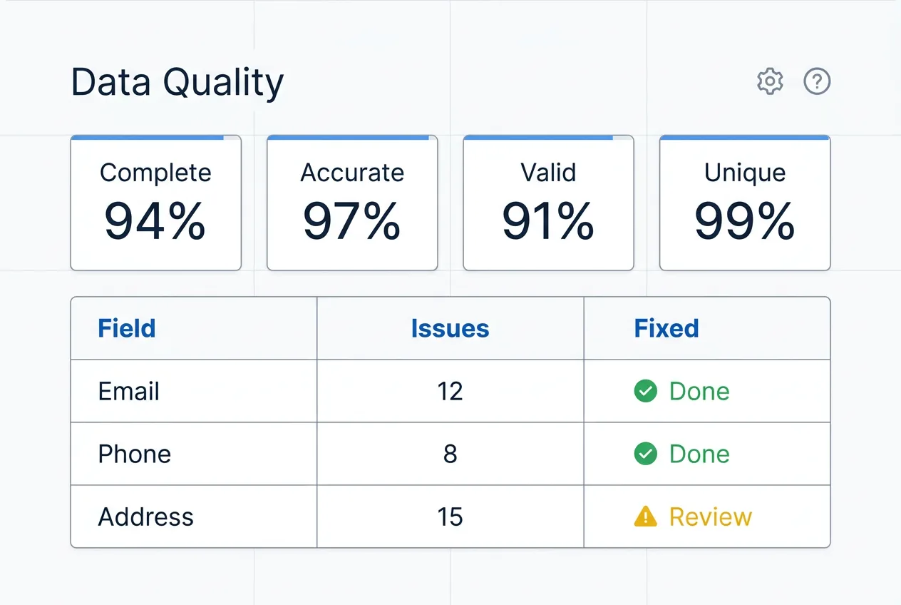 Before and after comparison showing messy database records being cleaned and standardized into consistent formats