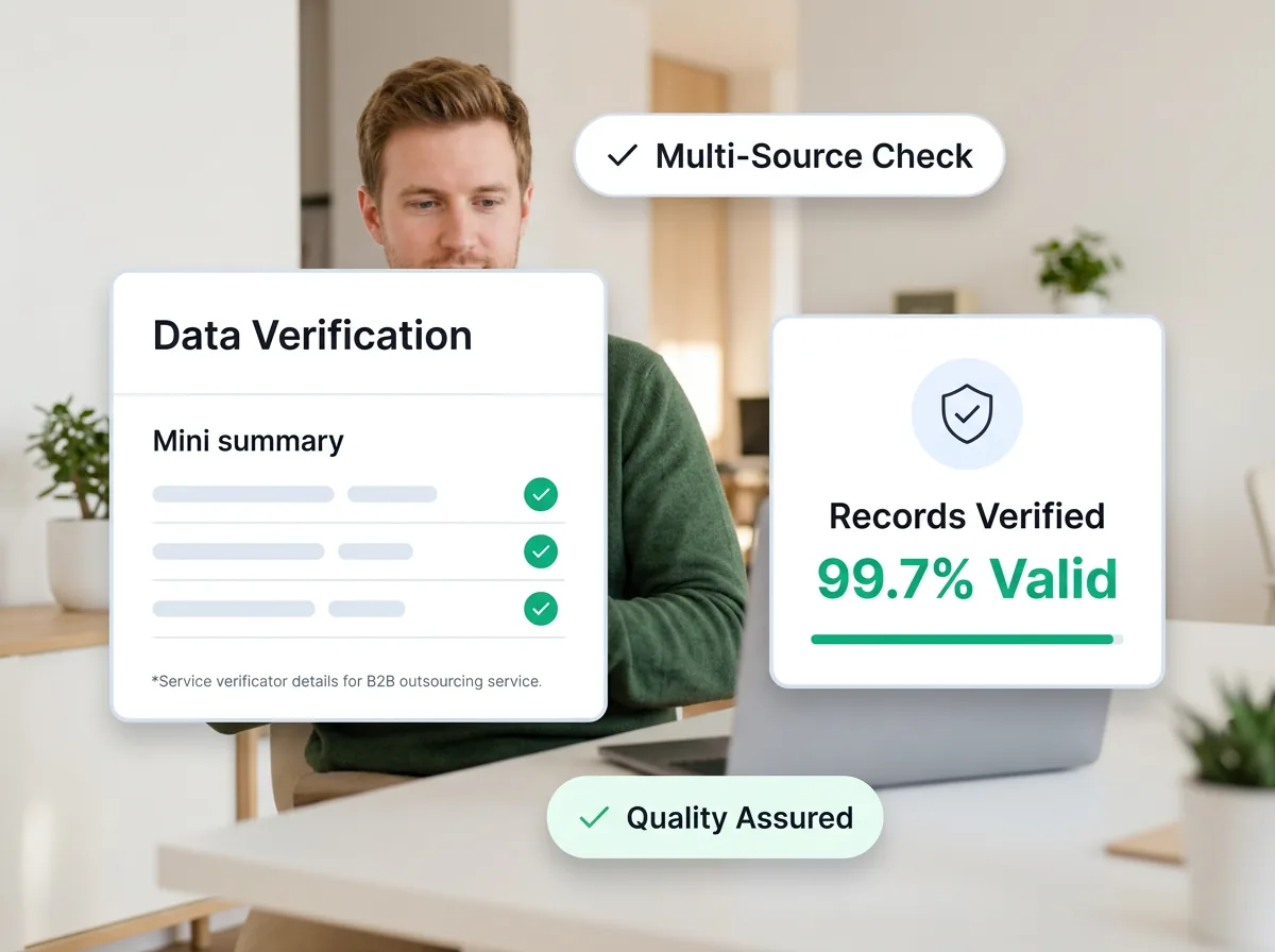 Data verification dashboard showing email and phone validation results with green checkmarks for verified and red flags for invalid records