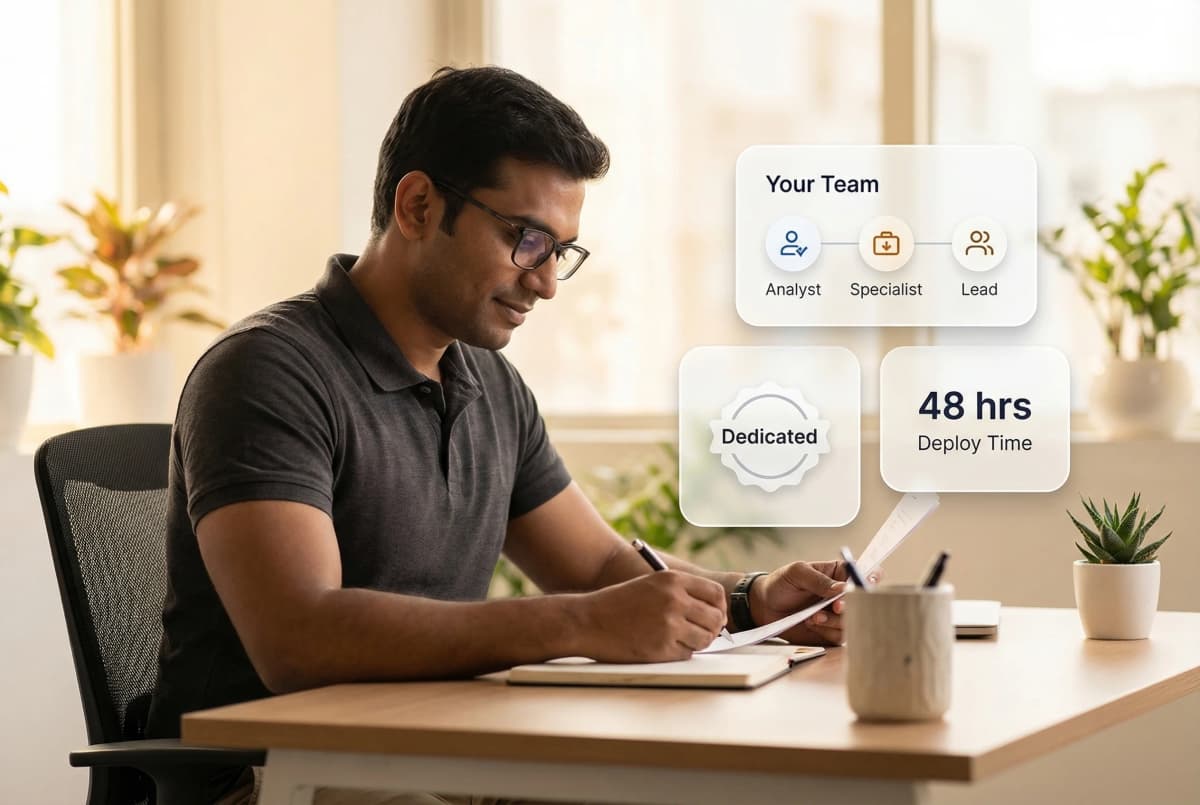 Dedicated outsourced team members working full-time on client operations with individual workstations and secure access