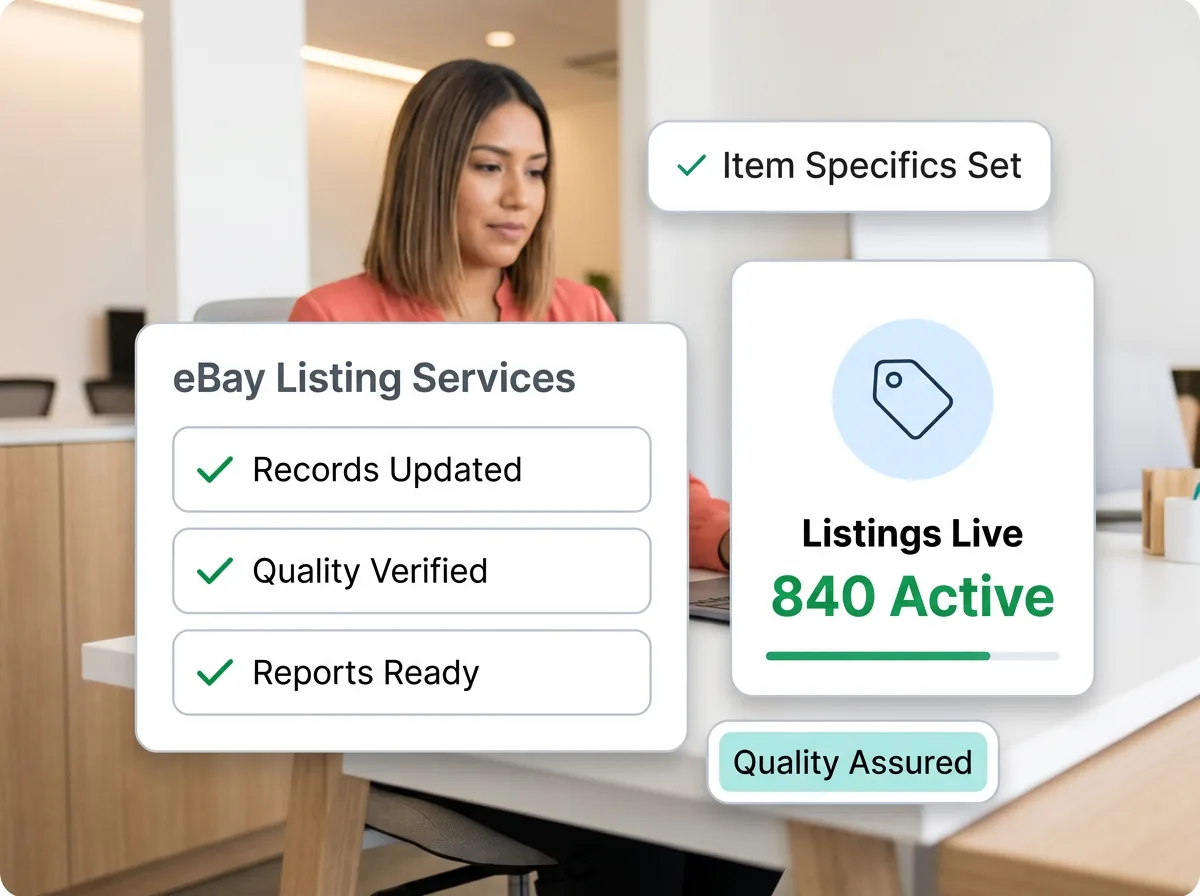 eBay listing management dashboard showing product listings with optimized titles, item specifics, and pricing across multiple categories