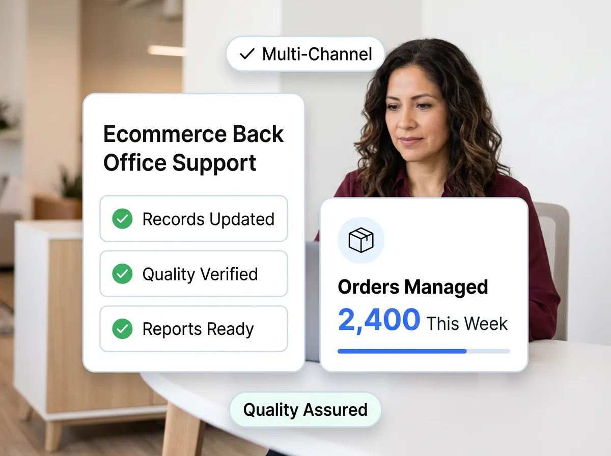 Ecommerce operations dashboard showing order processing queue, inventory levels, return requests, and fulfillment status across multiple channels