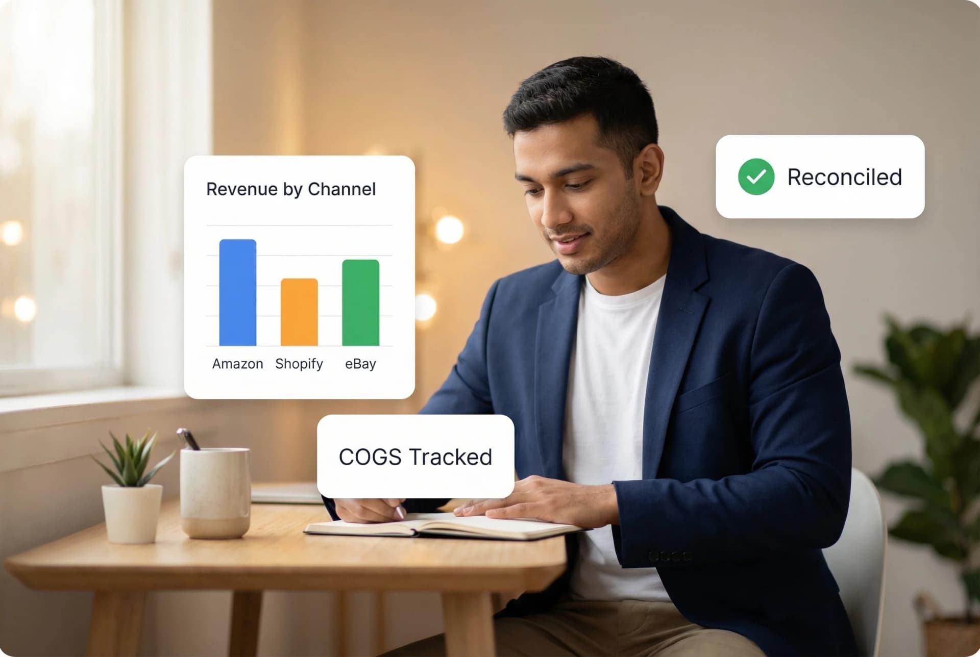 E-commerce bookkeeping dashboard showing multi-channel sales reconciliation, marketplace fee tracking, and inventory cost analysis