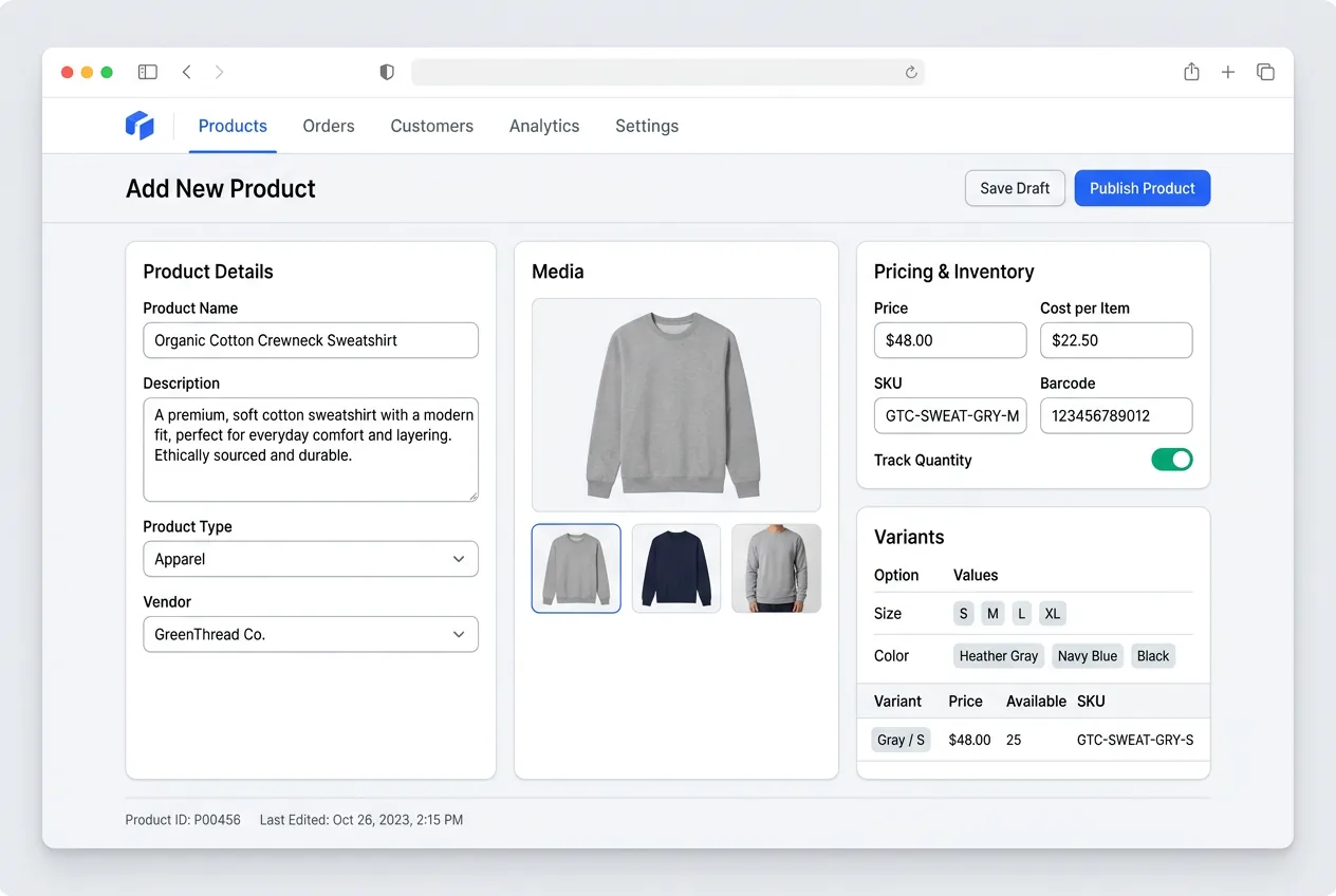 Shopify product upload interface showing product details being entered with images, pricing, and variant options