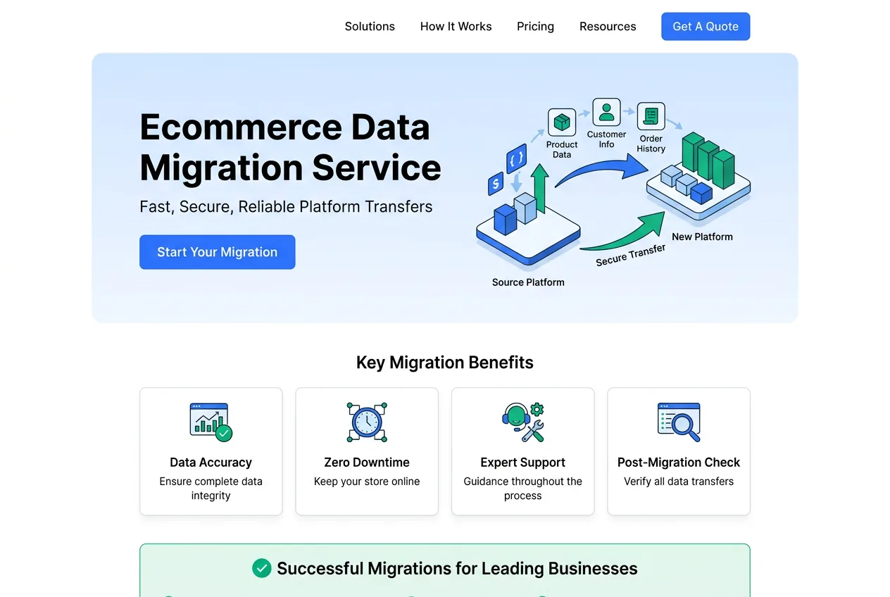 Ecommerce platform migration diagram showing data flowing from legacy platform to new platform with product, customer, and order data streams