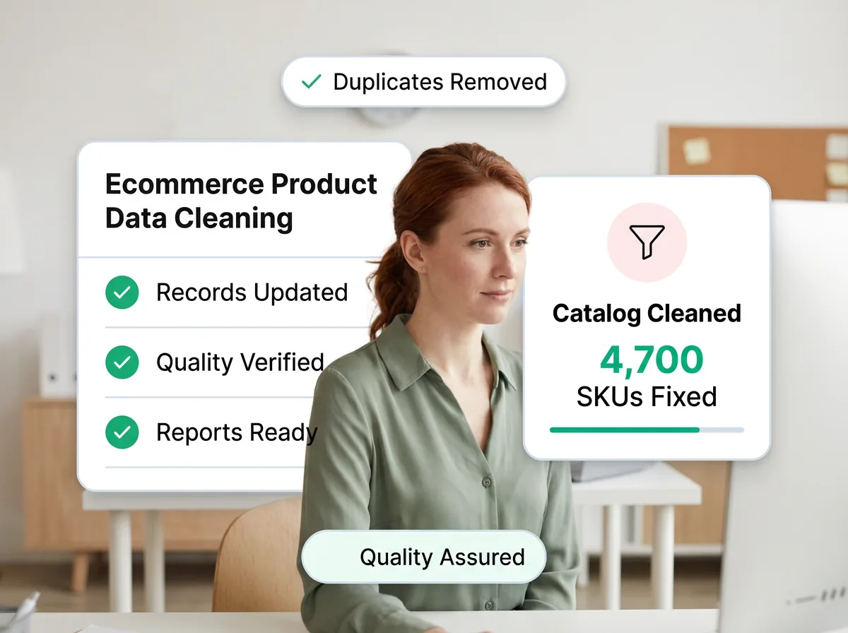 Product catalog data cleaning dashboard showing before and after views of product data with duplicates removed and attributes standardized