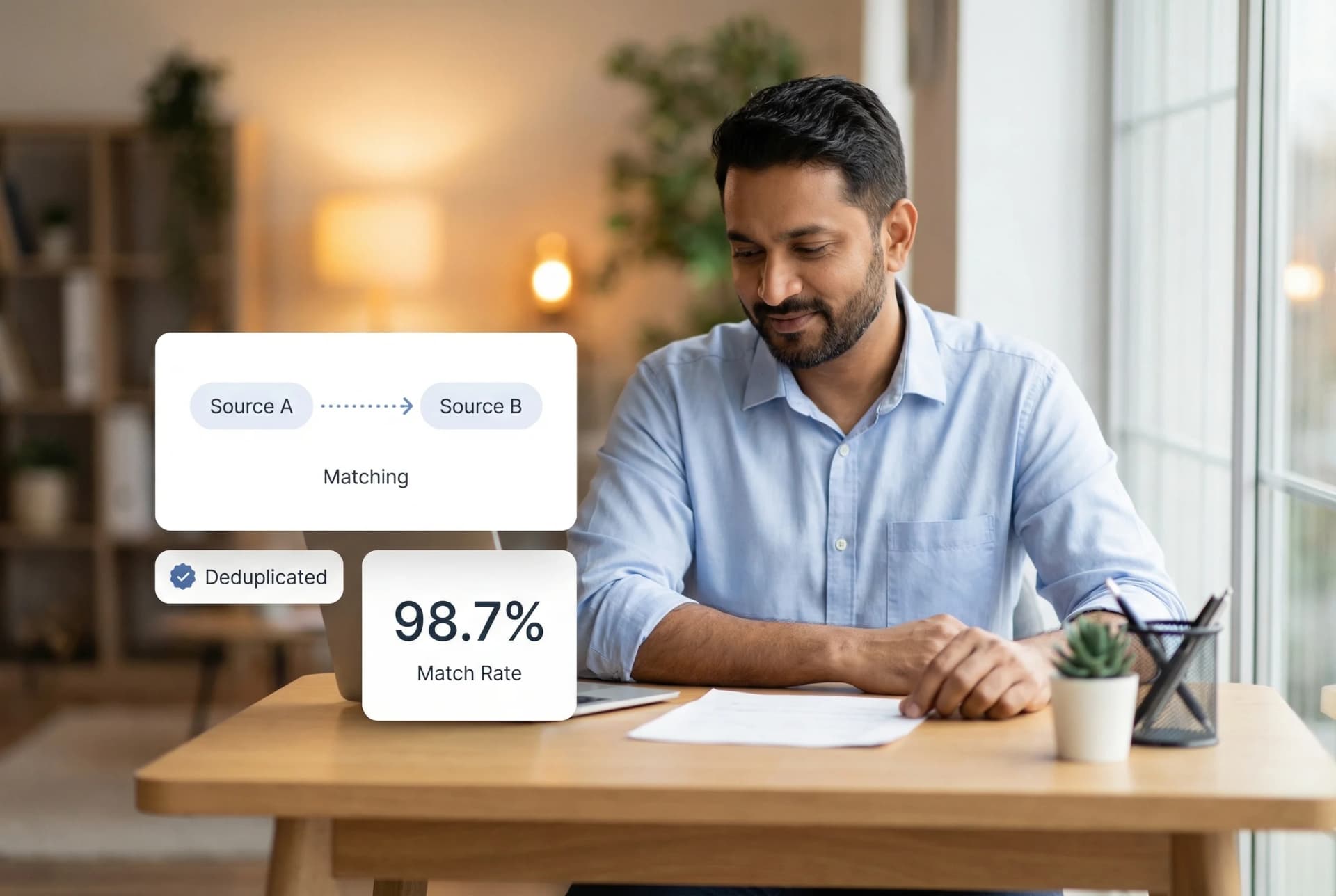 Product data matching interface showing duplicate product records being identified, compared, and merged into a single clean record