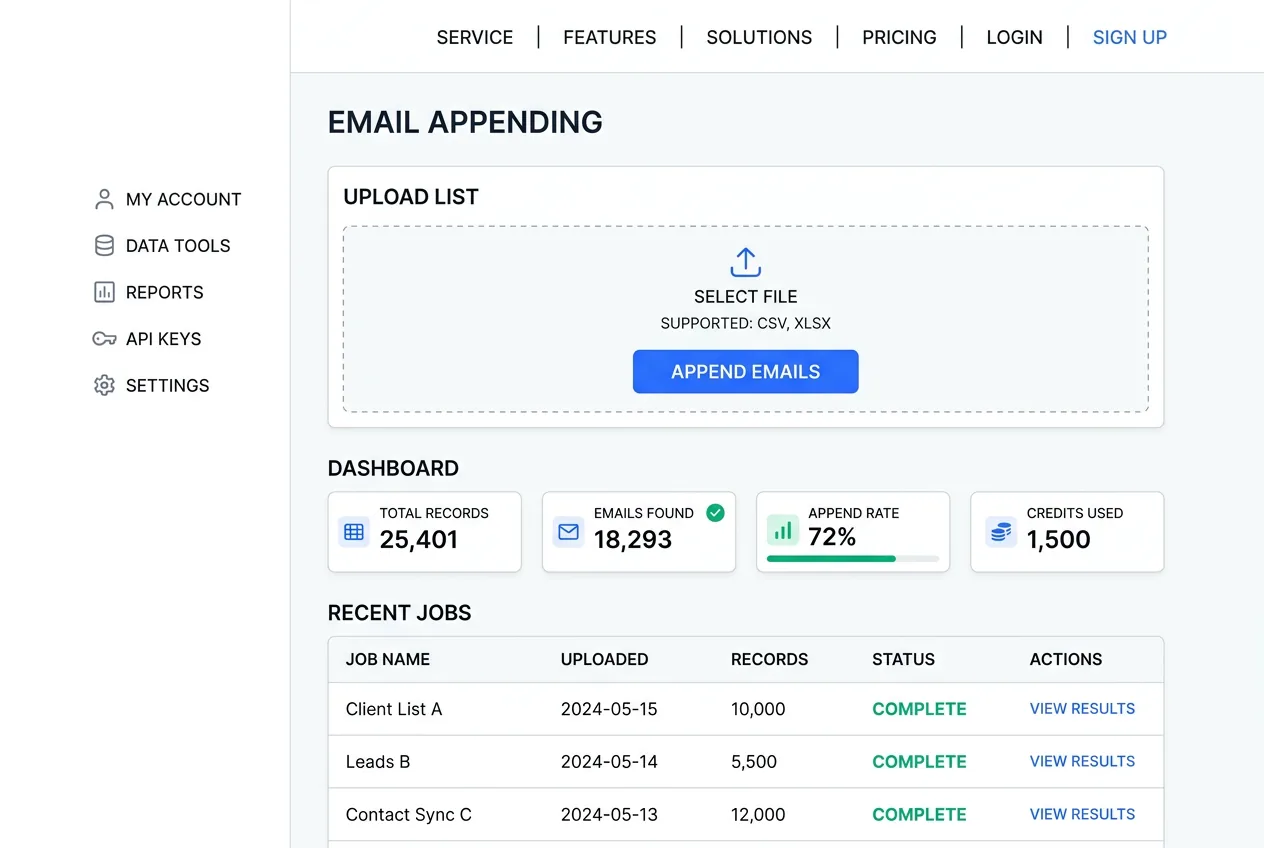 Business CRM showing contact records enriched with verified corporate email addresses and job titles