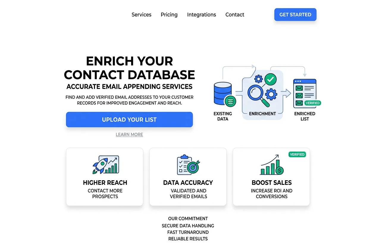 Customer database dashboard showing records being appended with verified email addresses and deliverability status indicators