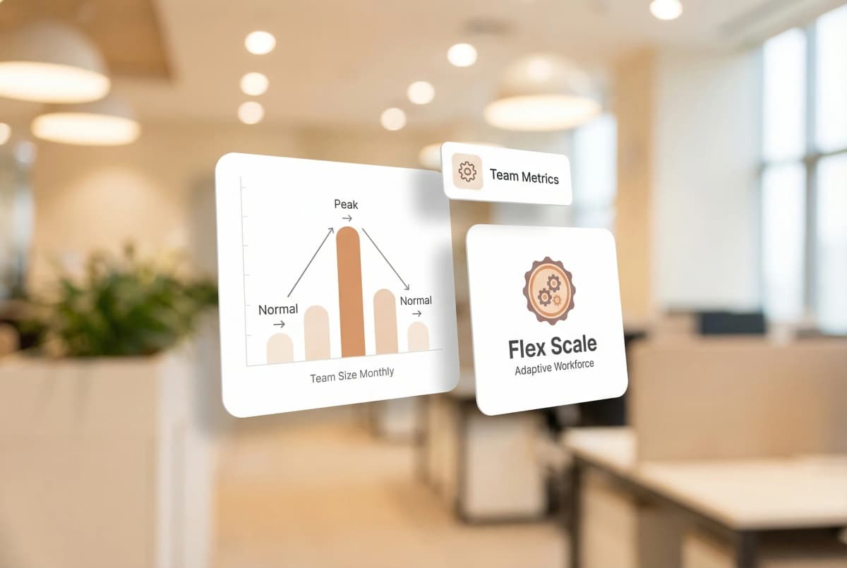 Visual showing team size flexing from small to large and back based on seasonal business demand with real-time scaling controls