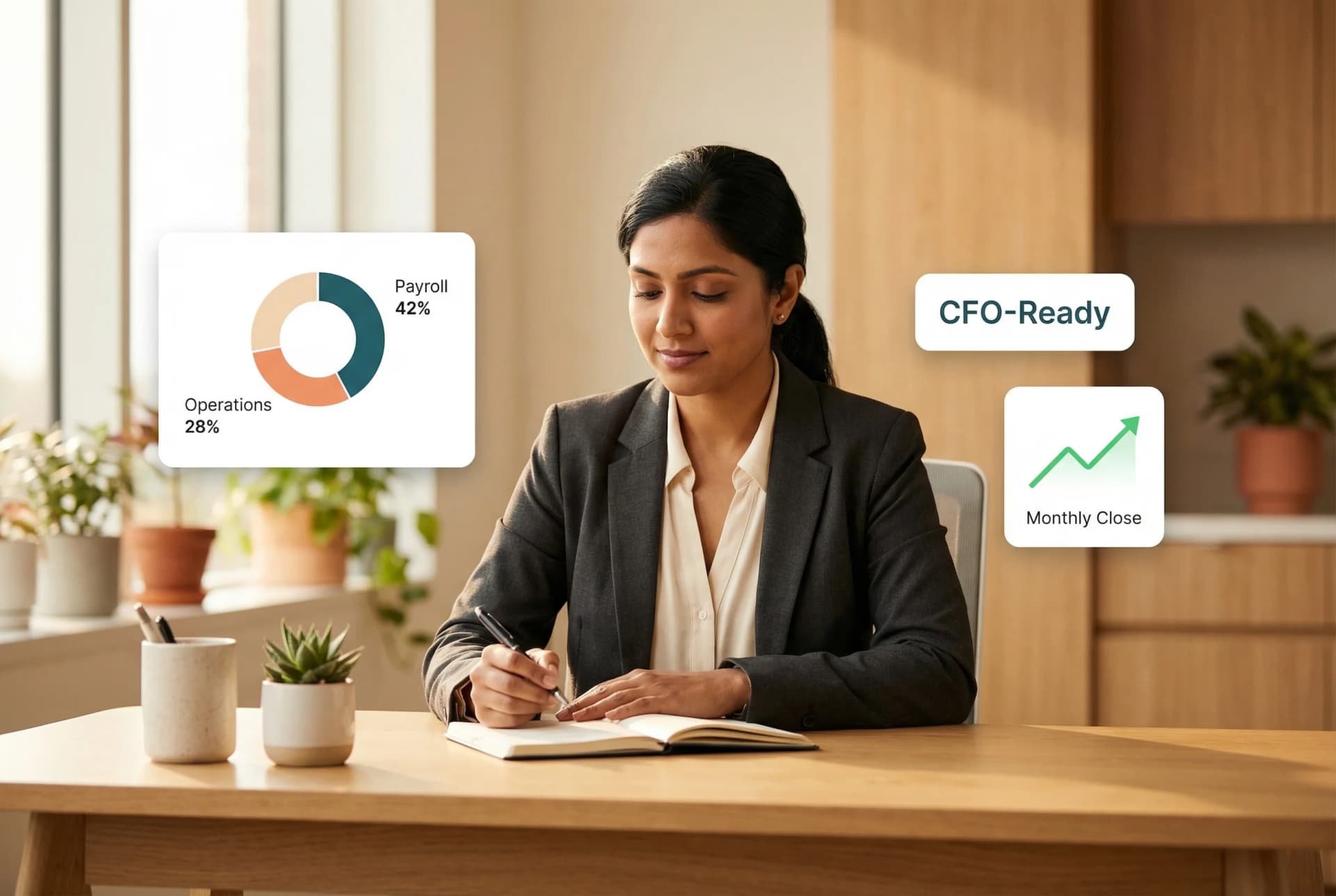 Fractional CFO reviewing financial dashboards, cash flow projections, and budget reports for a growing business