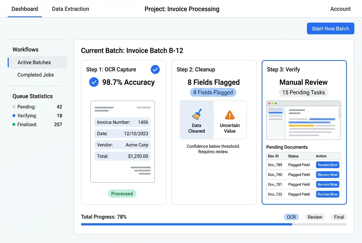 OCR cleanup and manual verification workflow