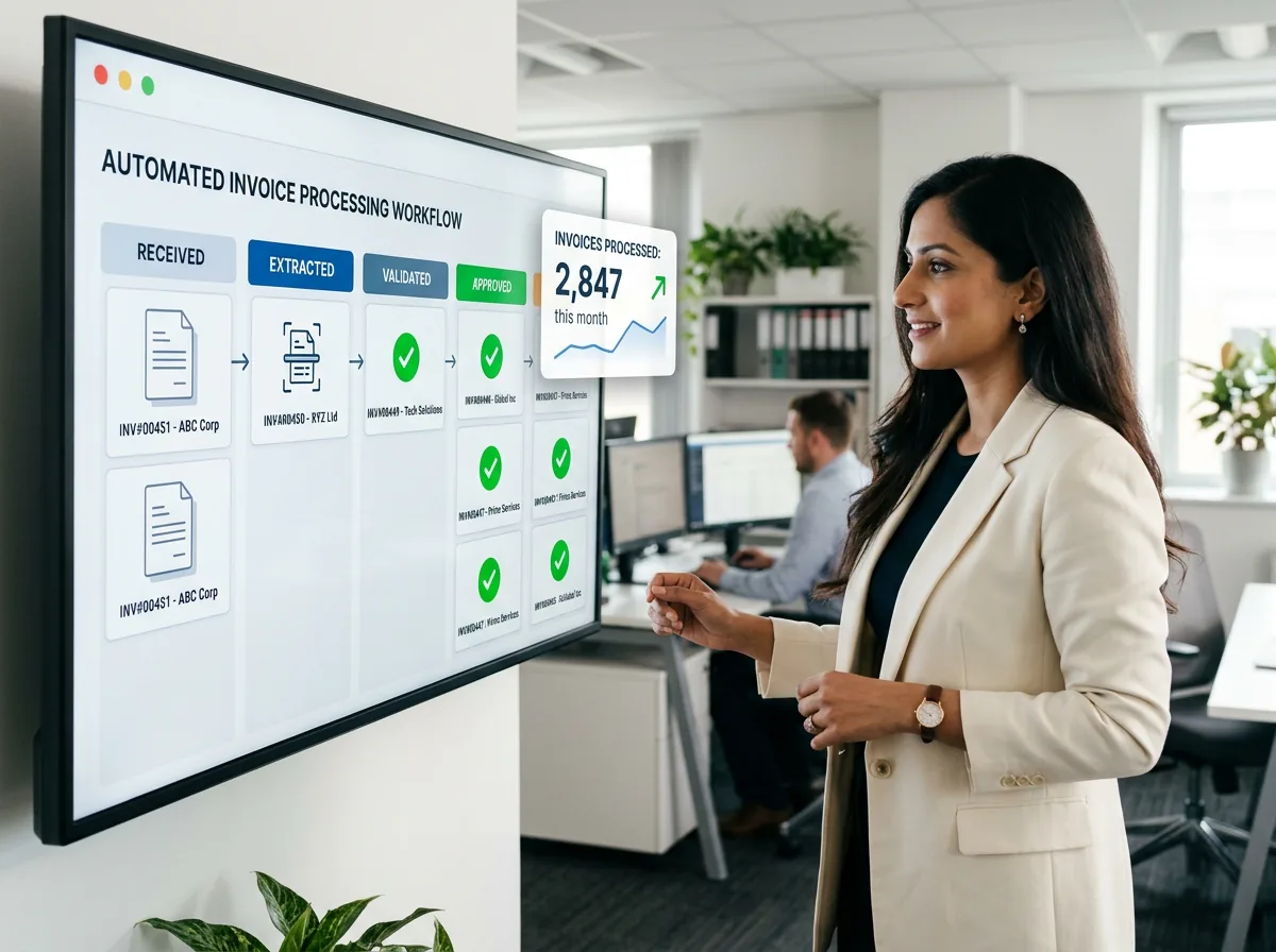 Automated invoice processing workflow showing capture, extraction, matching, and approval stages