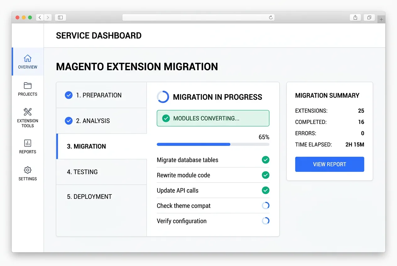 Magento extension audit report showing compatibility status for each installed extension with replacement recommendations for incompatible modules