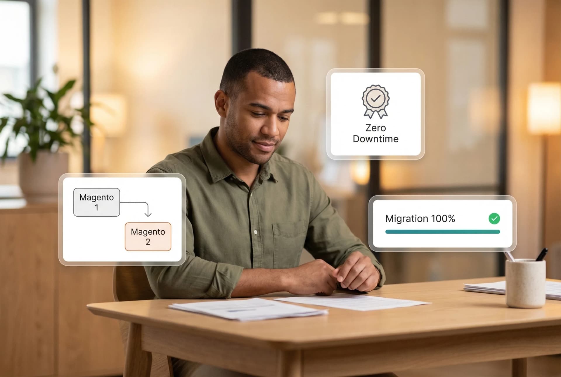 Magento 1 to Magento 2 migration dashboard showing data transfer progress for products, customers, and orders