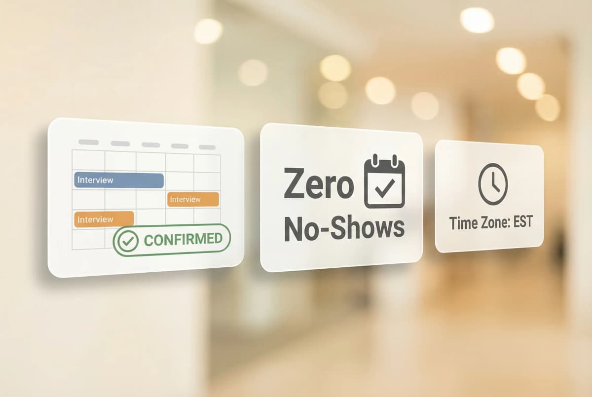 Interview scheduling coordination dashboard showing calendar management across multiple stakeholders with automated candidate communication