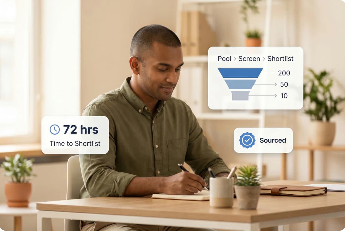 RPO team managing multi-channel candidate sourcing across LinkedIn, job boards, and direct outreach with AI-powered matching dashboard