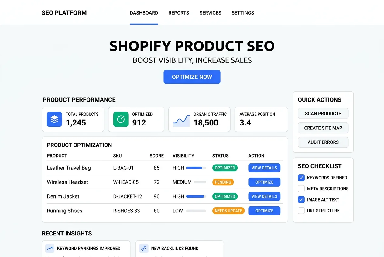 Shopify product page showing SEO-optimized title, meta description, structured data, and keyword-rich product description