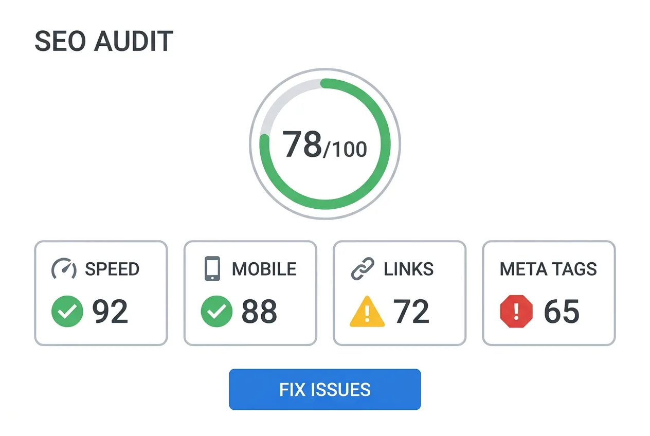 Shopify technical SEO audit report showing crawl errors, duplicate content issues, and page speed metrics with fix recommendations
