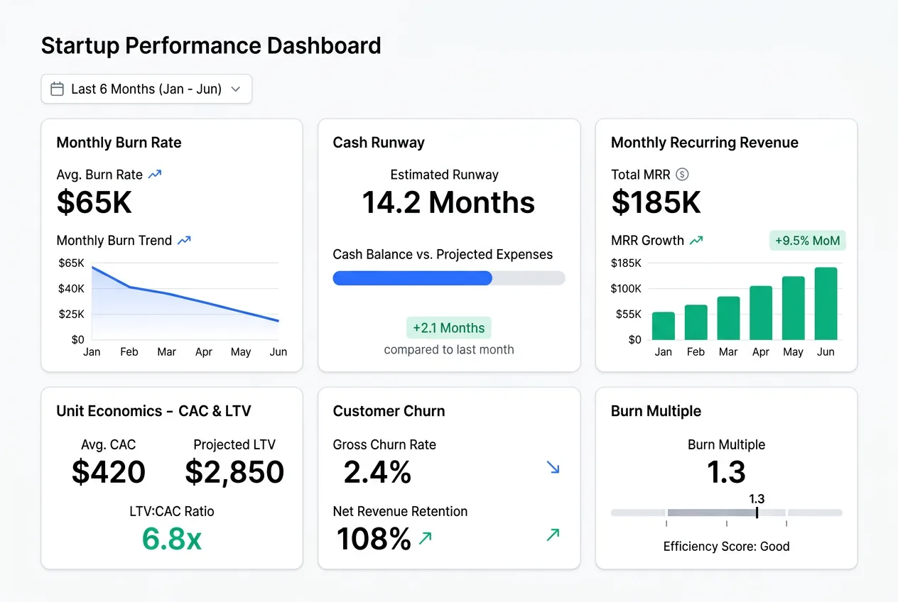 Startup KPI dashboard showing burn rate trend, runway projection, MRR growth, and unit economics
