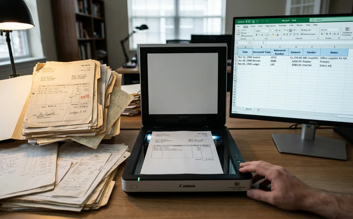 Document digitization workflow showing paper records being scanned and converted into organized digital spreadsheet data