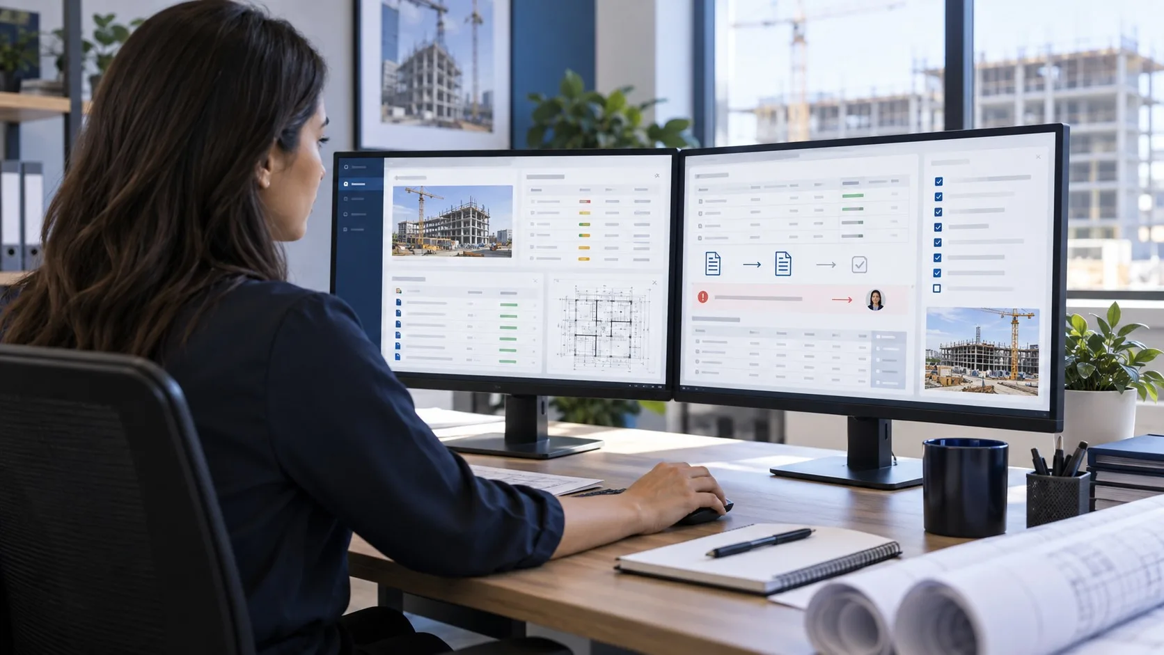 Construction back-office specialist reviewing job-cost, invoice, project-document, and approval-exception records