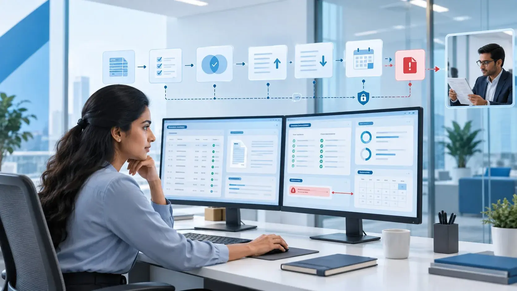 Financial operations specialist reviewing transaction, reconciliation, document, and exception records