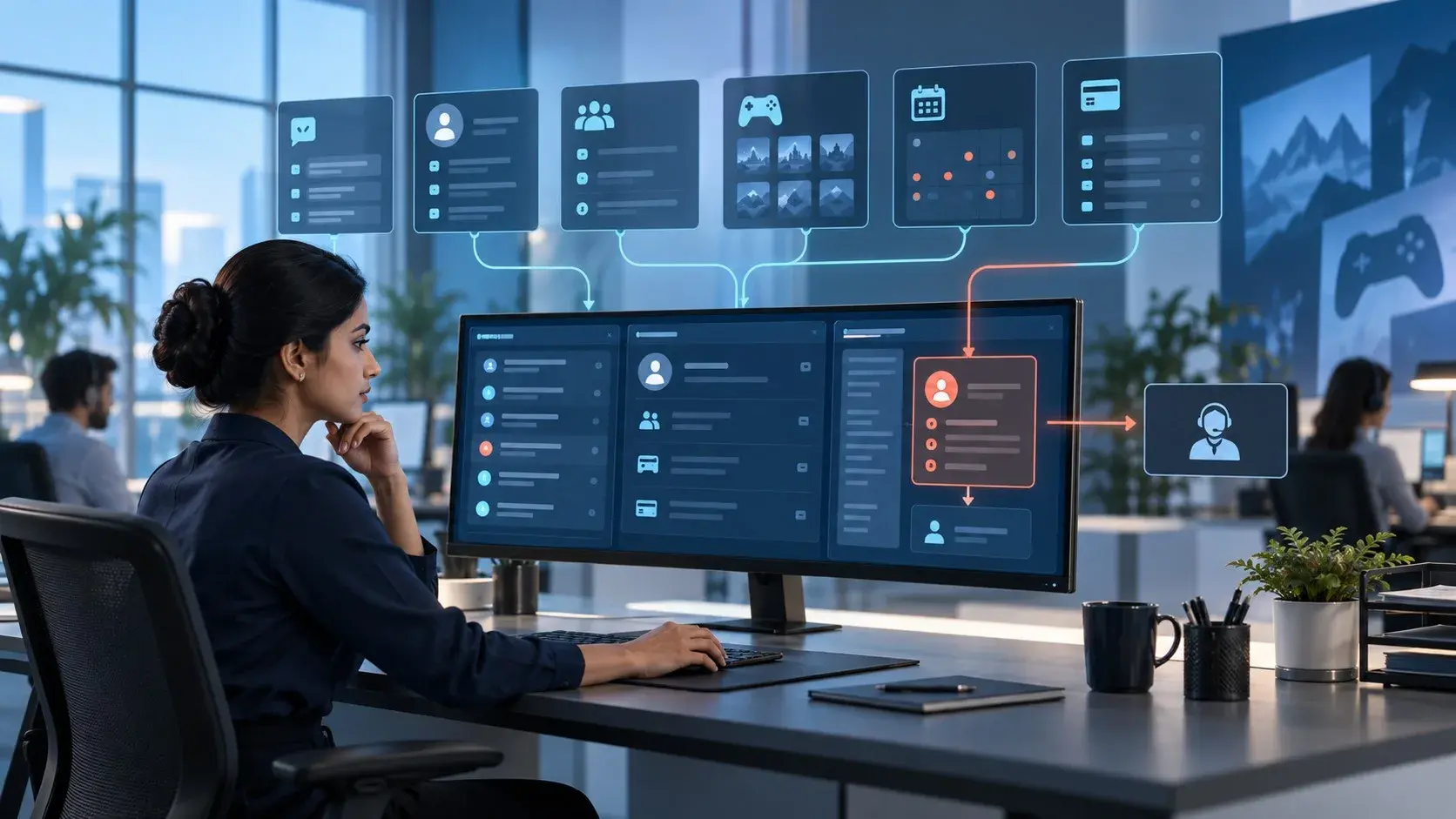 Gaming operations specialist reviewing player support, catalog, live-operations, and exception records