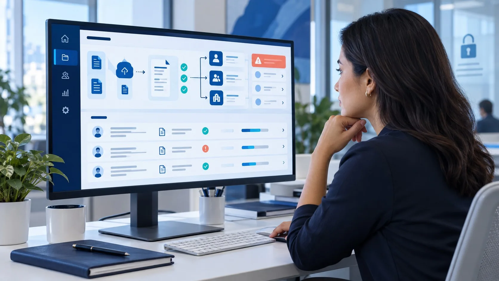 Healthcare operations specialist reviewing anonymized medical-record intake, referral routing, quality checks and exceptions