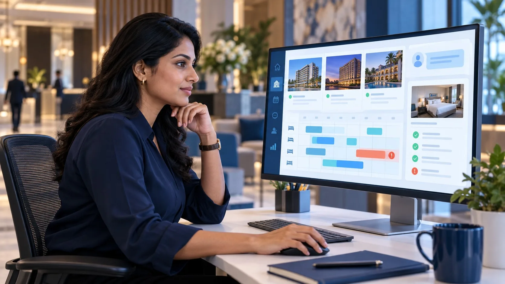 Hospitality operations specialist reviewing multi-property reservations, guest requests and a routed exception