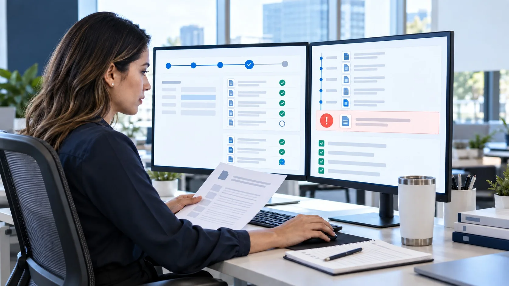 Insurance operations specialist checking policy and claim records with a routed exception for an authorized reviewer