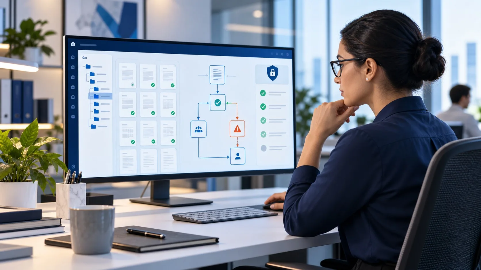 Legal operations specialist reviewing matter documents, quality checks, controlled access and an exception escalation workflow