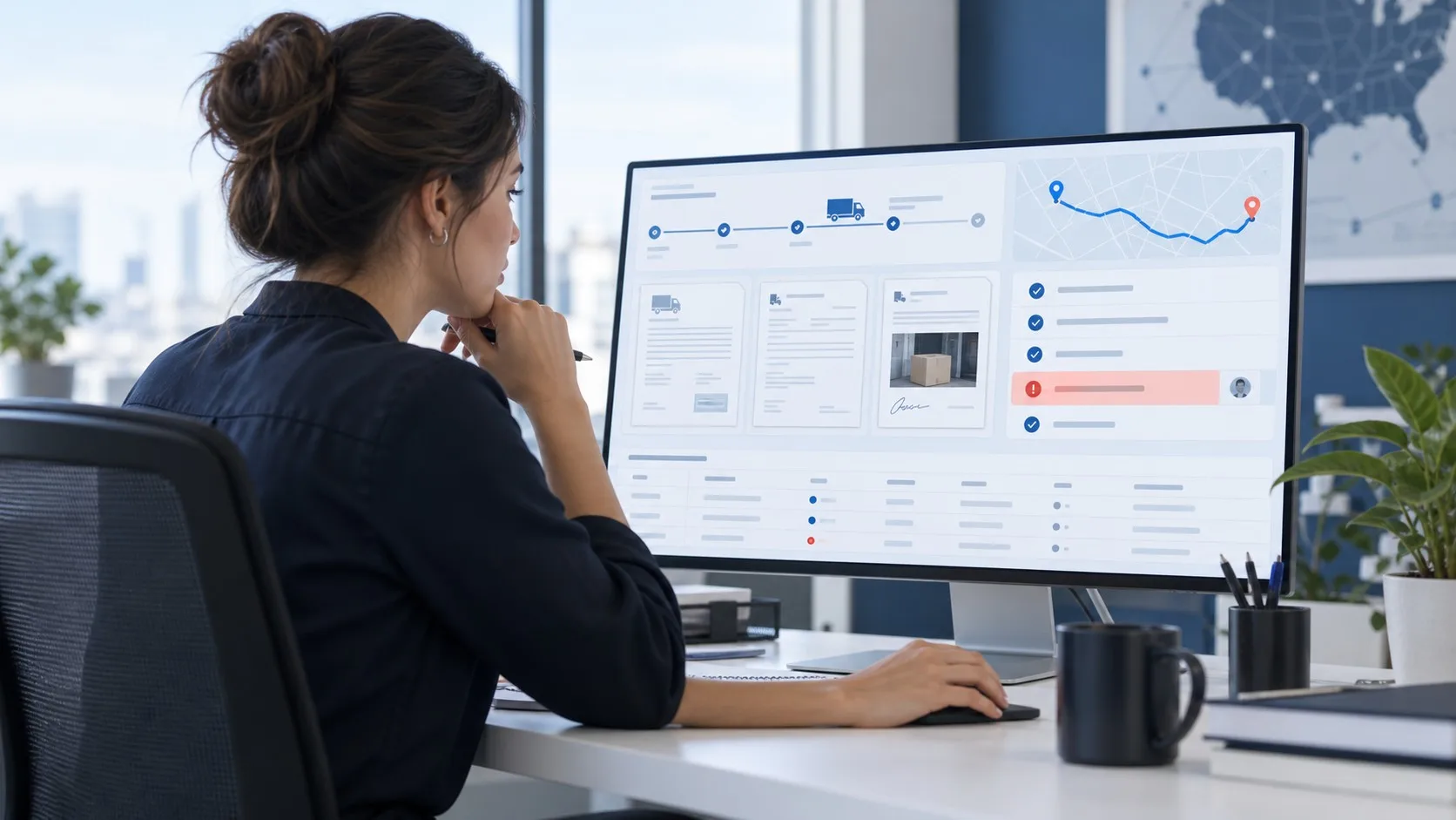 Logistics operations specialist reviewing shipment documents, tracking milestones, freight billing checks and an exception workflow