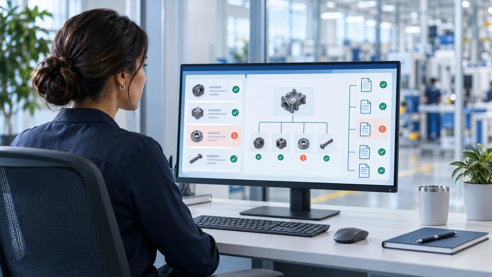 Manufacturing operations specialist reviewing item master data, BOM revision checks and an exception workflow