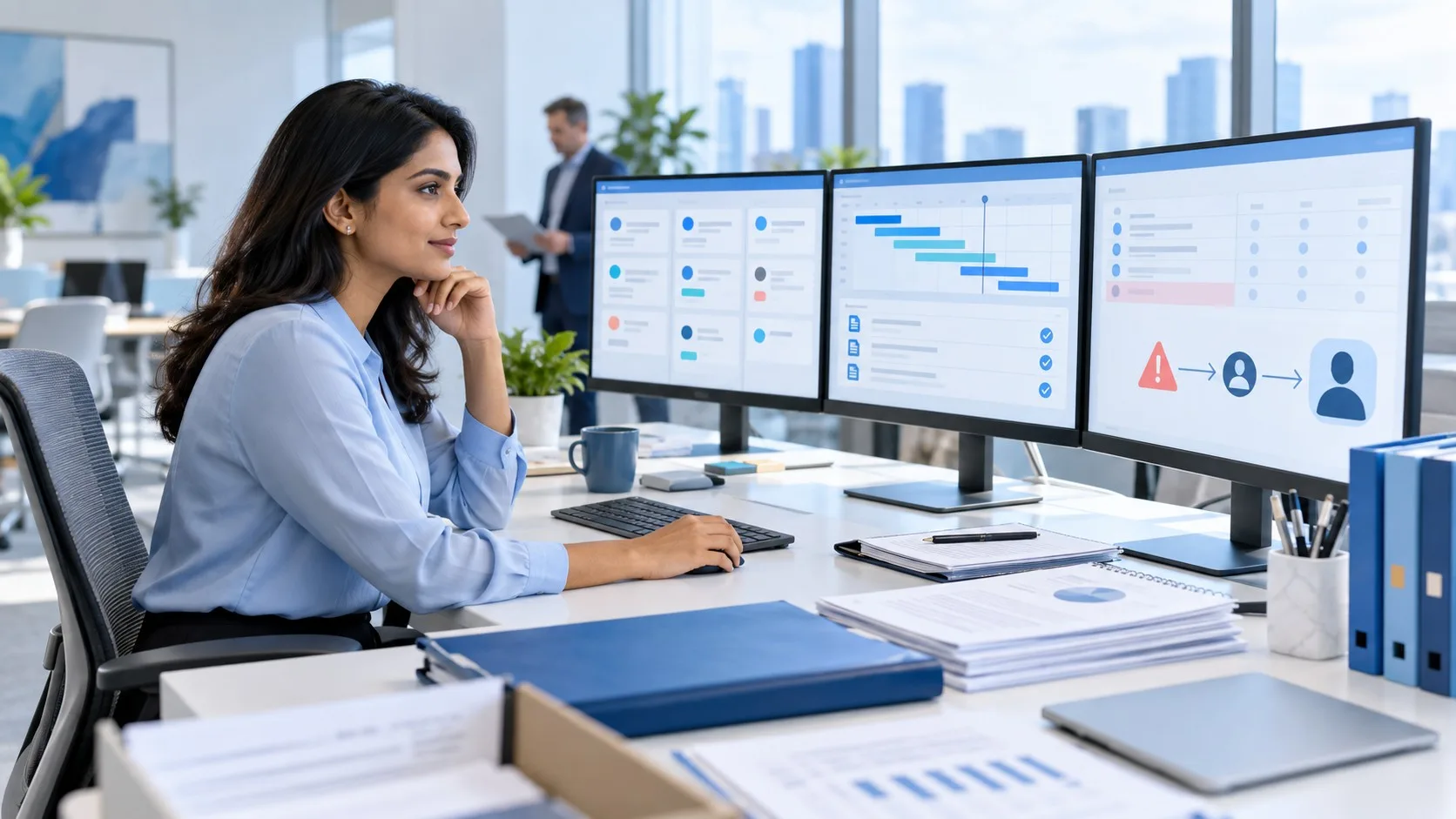 Professional services operations specialist reviewing client delivery, CRM, project, billing, and exception records