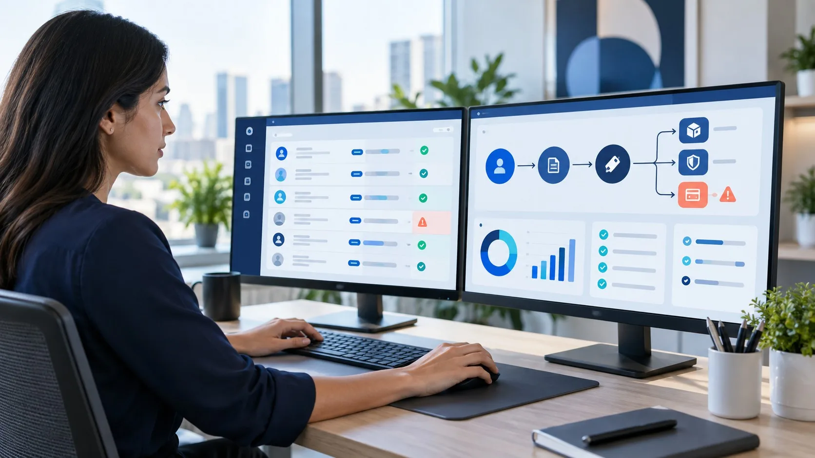 SaaS operations specialist reviewing CRM, support, subscription, and data records with one exception routed for internal approval