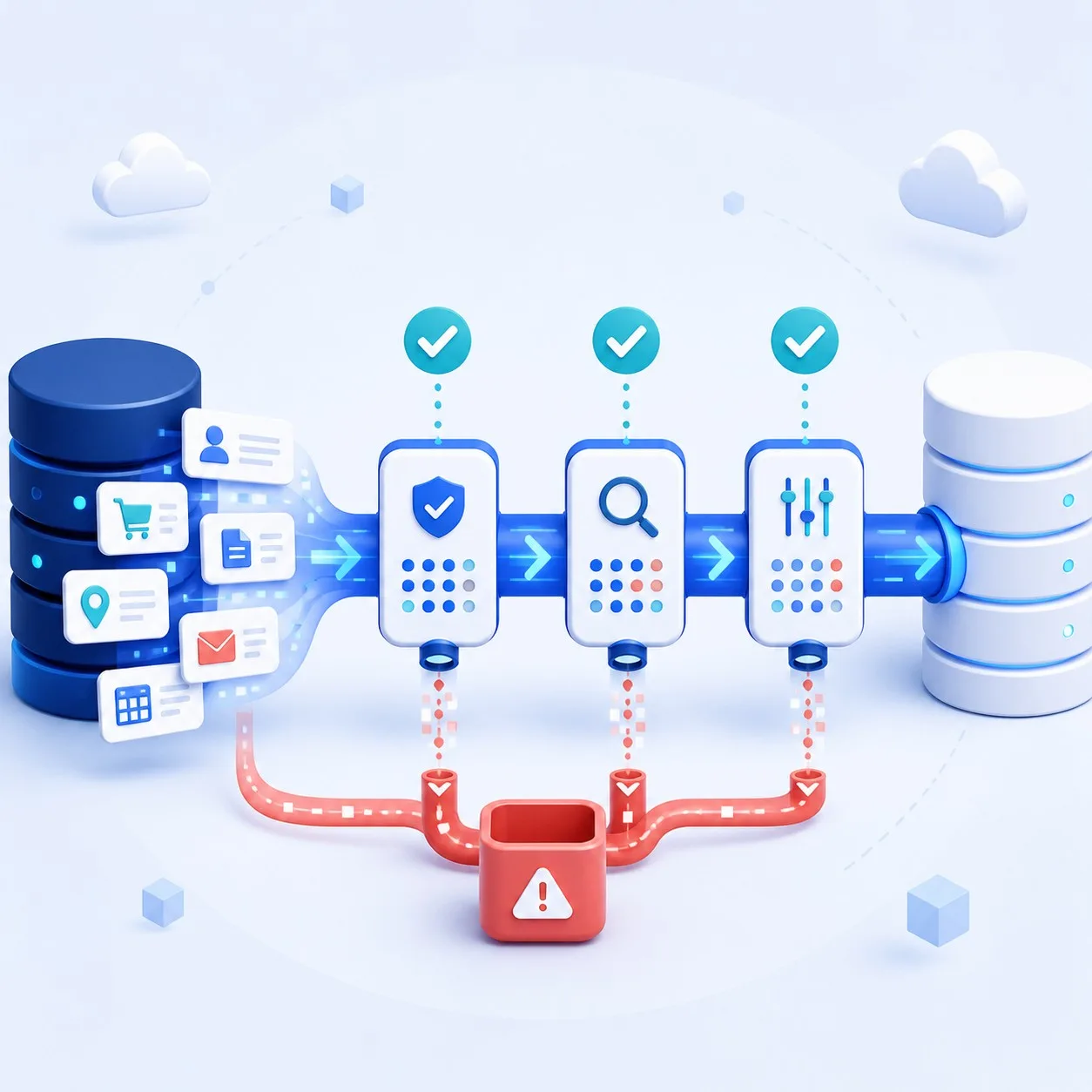 Data migration workflow connecting source inventory, mapping, test load, controlled cutover and reconciliation