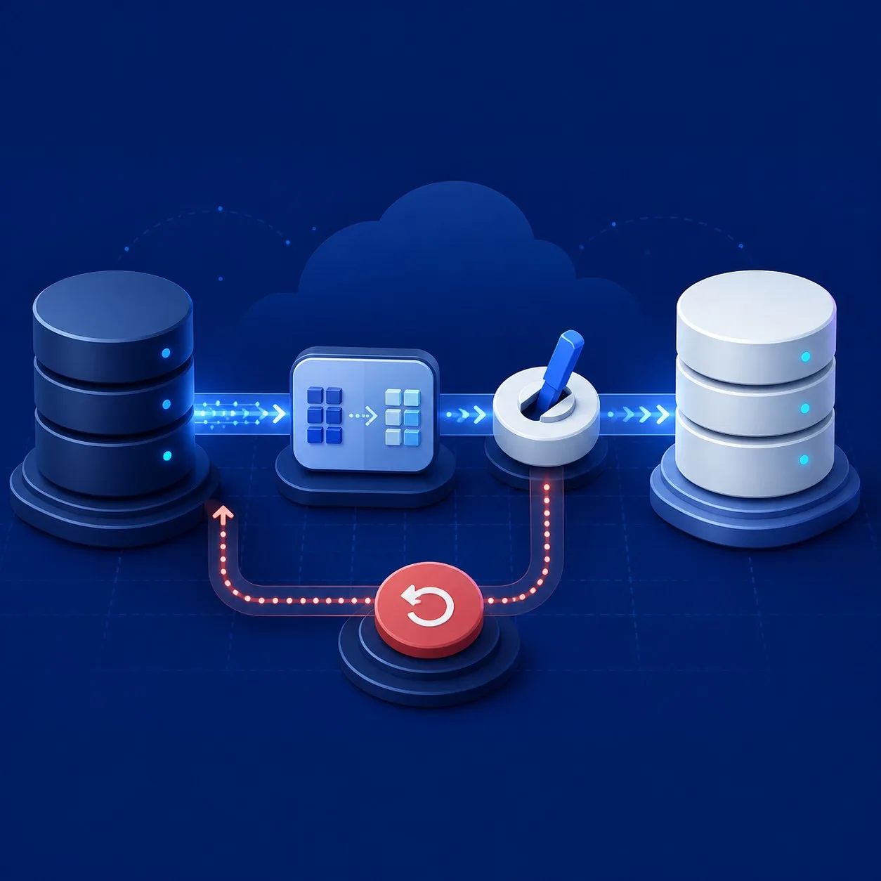 Database migration architecture showing source and target engines, schema conversion, replication, validation and controlled cutover