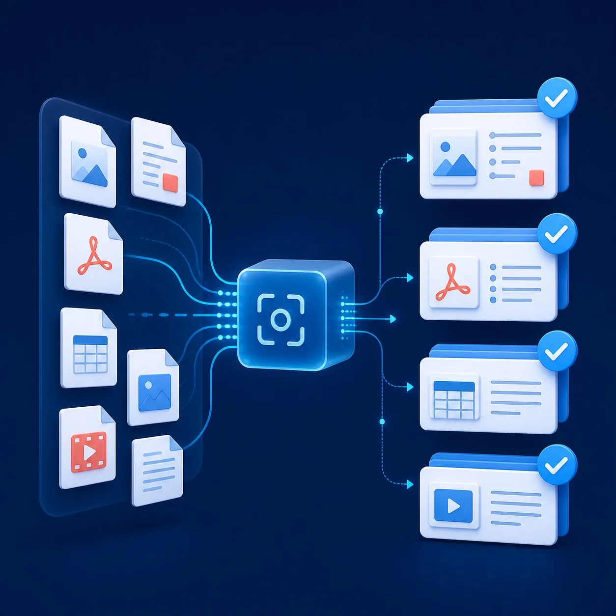 Document digitization workflow converting supplied scans and PDFs into indexed searchable files and structured data